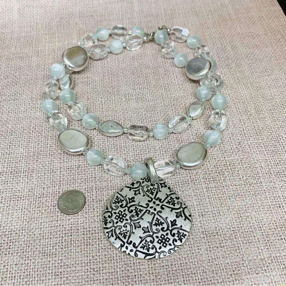 Silver Black Scroll Work Clear and Silver Beaded Necklace
